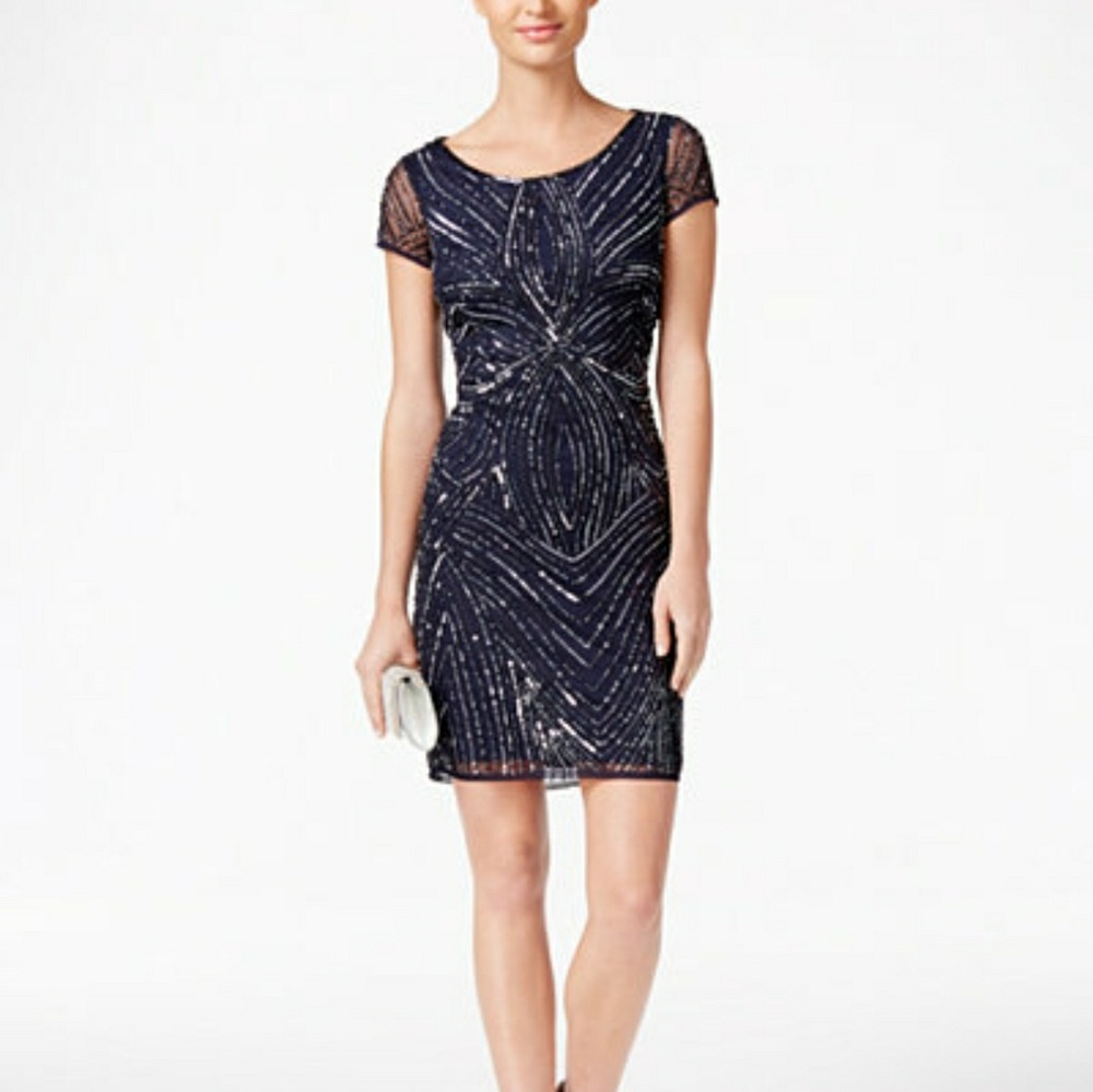 Navy Adrianna Papell fully beaded formal dress